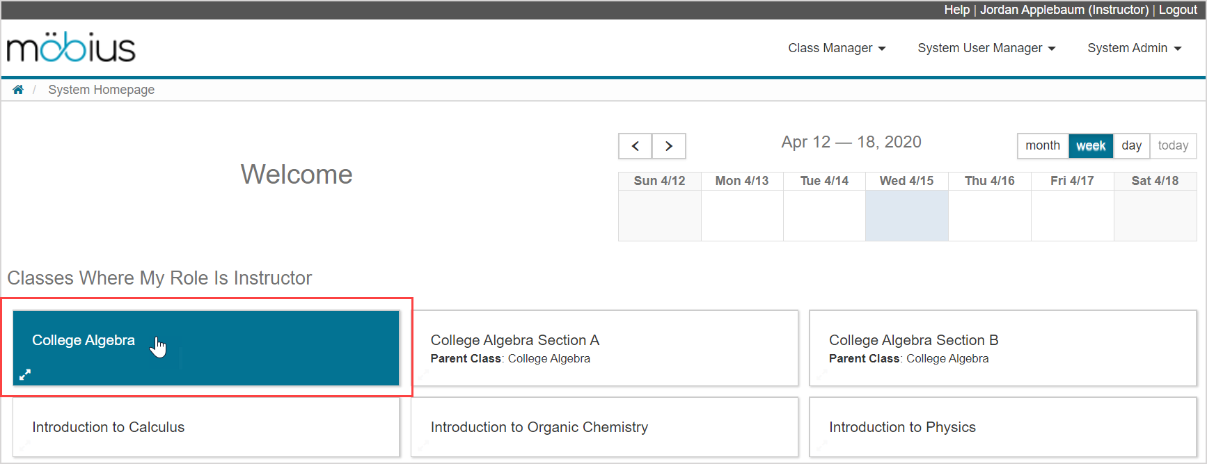 Classes that the user is enrolled in are listed on the System Homepage under the Classes Where My Role Is Instructor heading.